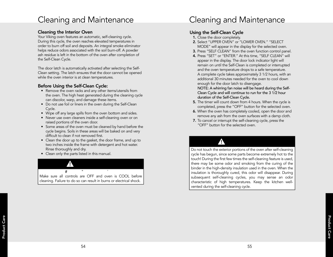 Viking VEDO5302TSS, VESO5302TAR Cleaning the Interior Oven, Before Using the Self-Clean Cycle, Close the door completely 