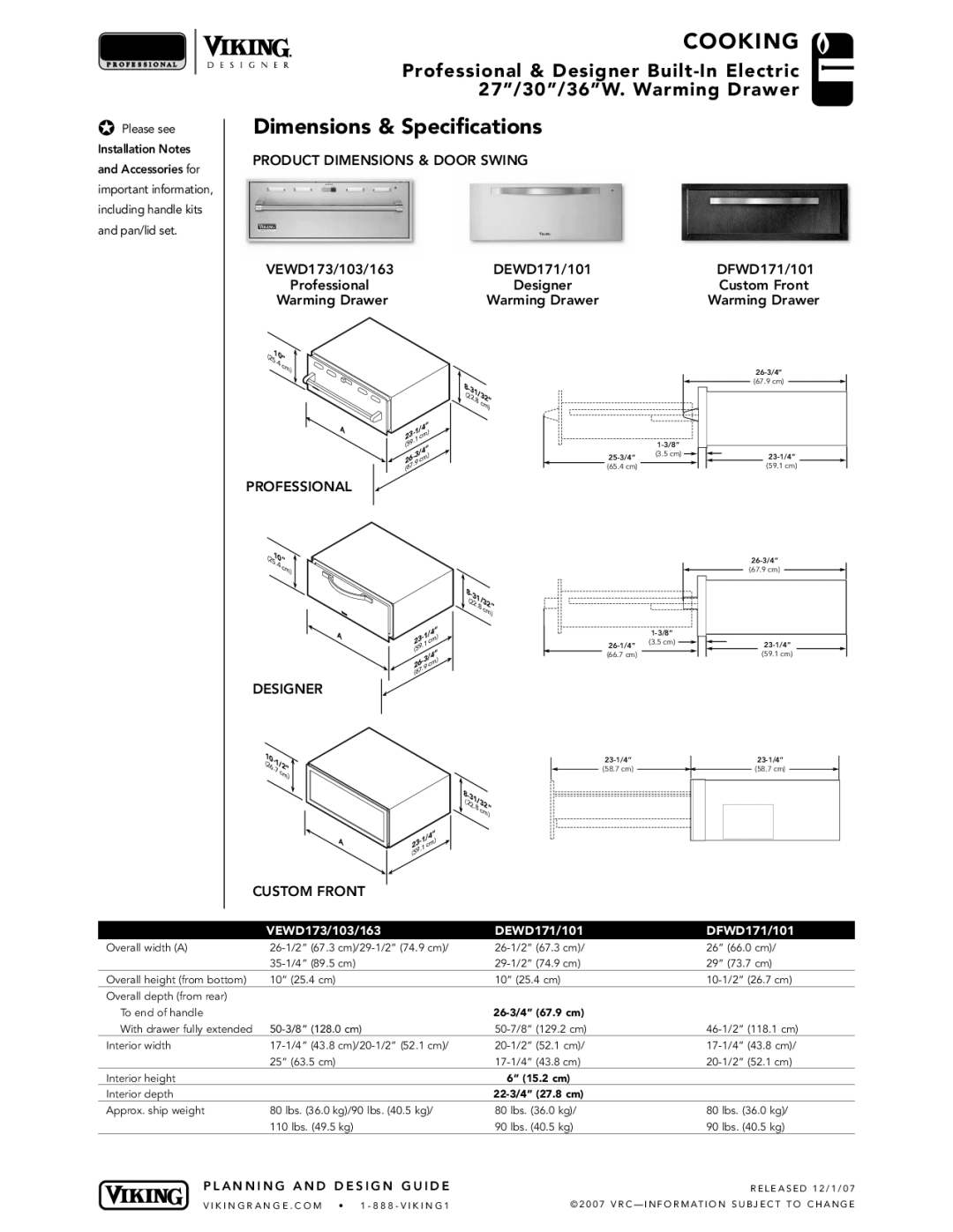 Viking VEWD103 Dimensions & Specifications, VEWD173/103/163 DEWD171/101 DFWD171/101, Designer Custom Front Warming Drawer 