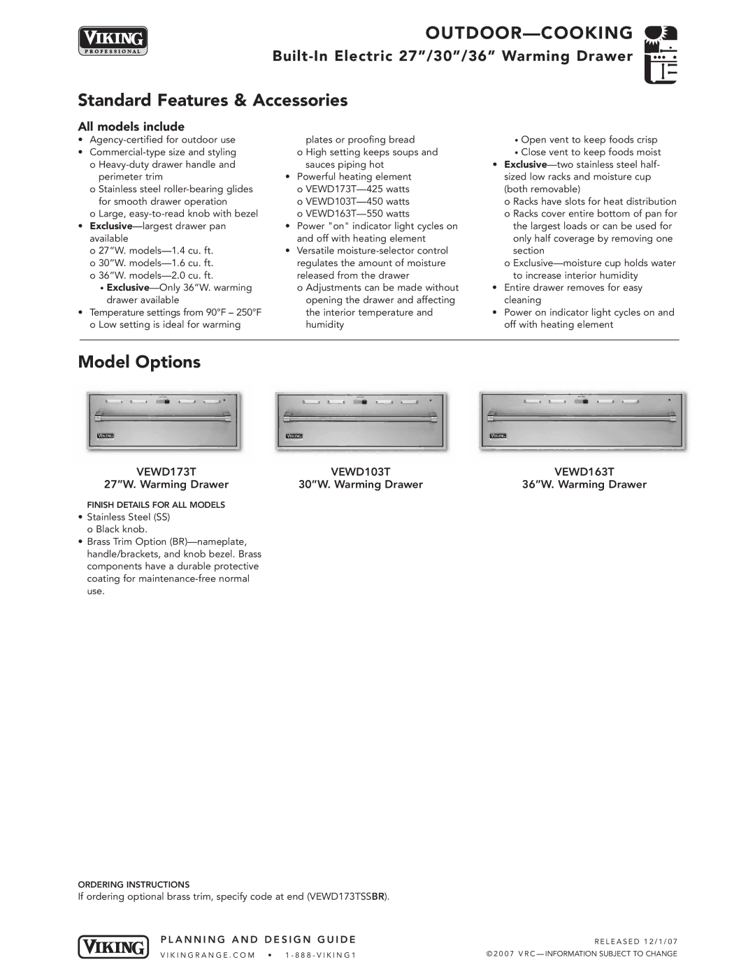 Viking VEWD173T, VEWD163T, VEWD103T manual Standard Features & Accessories, Model Options, All models include 