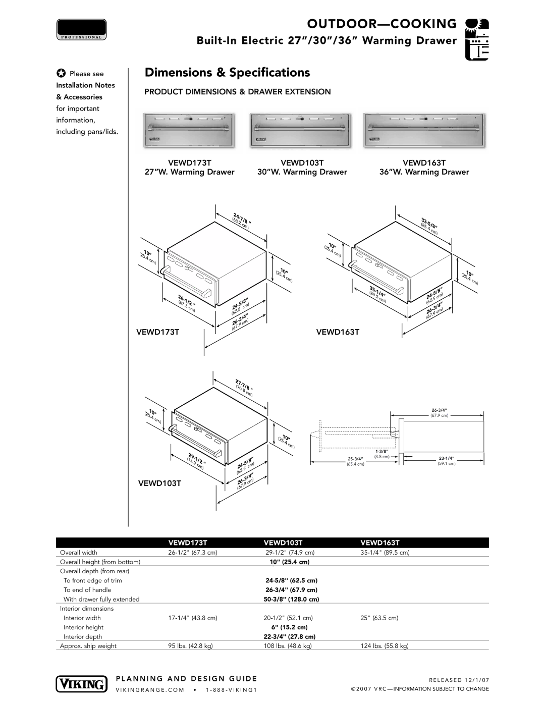 Viking VEWD103T, VEWD173T manual Dimensions & Specifications, VEWD163T 