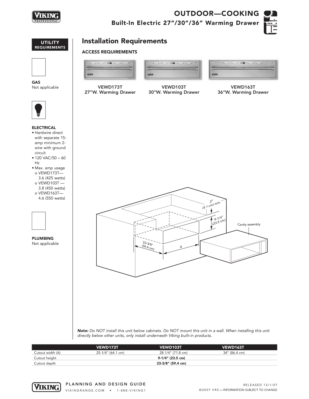 Viking VEWD163T, VEWD173T, VEWD103T manual Installation Requirements, Access Requirements 