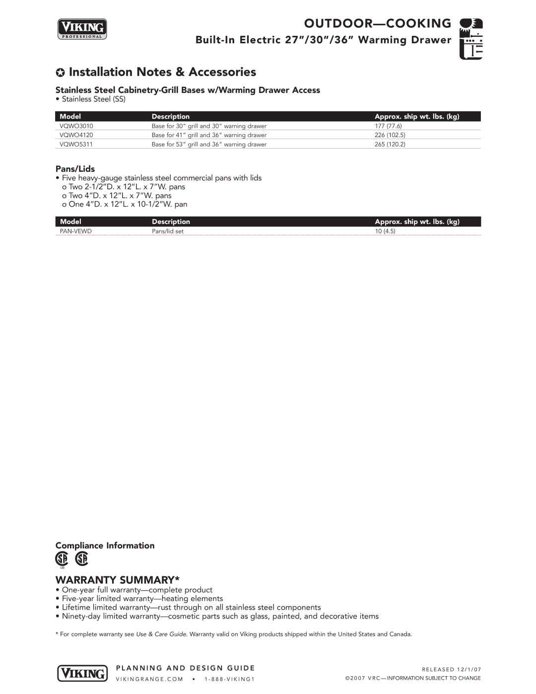 Viking VEWD173T, VEWD163T, VEWD103T Installation Notes & Accessories, Pans/Lids, Compliance Information, Stainless Steel SS 