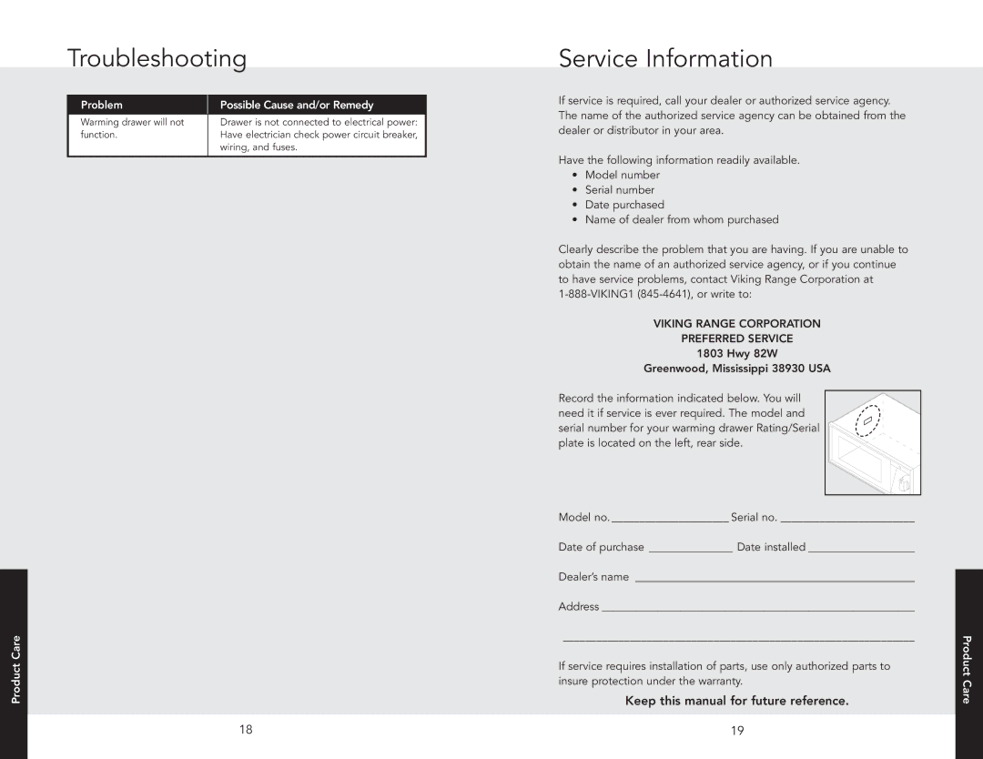 Viking VEWDO536SS manual Troubleshooting, Service Information, Problem Possible Cause and/orRemedy 