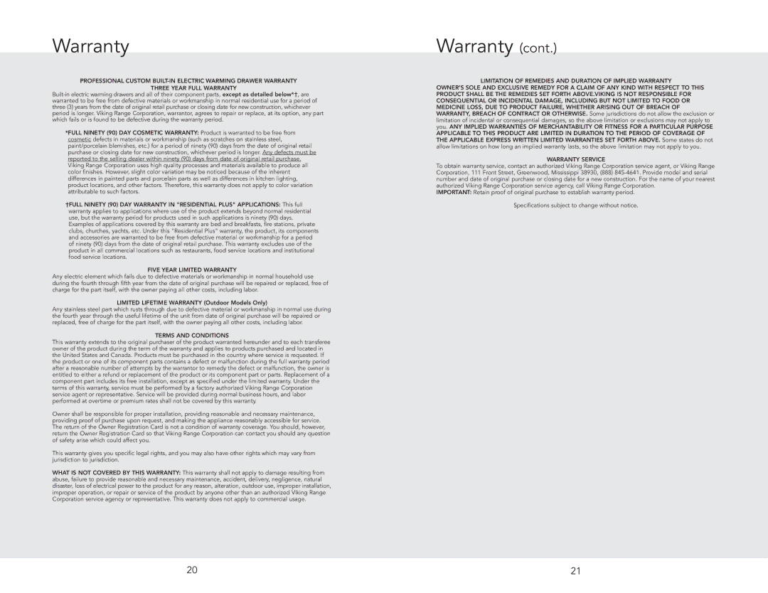 Viking VEWDO536SS manual Five Year Limited Warranty 