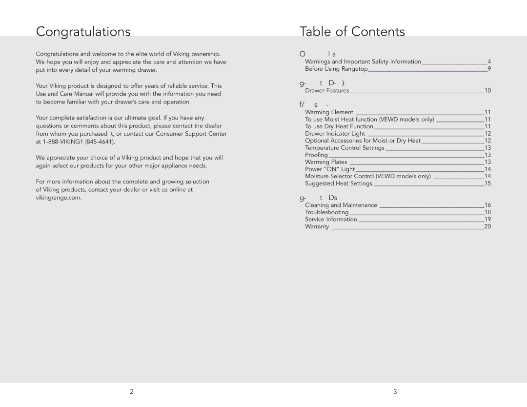 Viking VEWDO536SS manual Congratulations, Table of Contents 