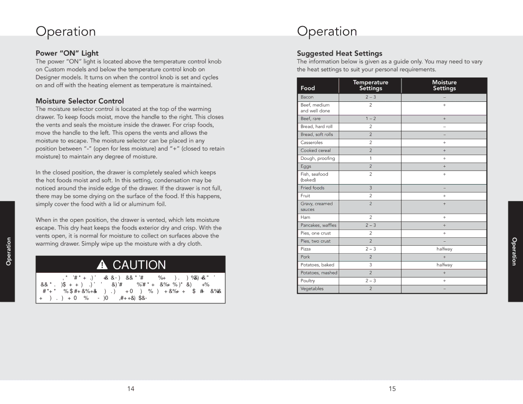 Viking VEWDO536 Power on Light, Moisture Selector Control, Suggested Heat Settings, Temperature Moisture Food Settings 