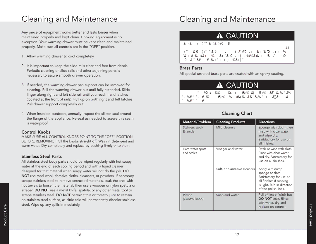 Viking VEWDO536SS manual Cleaning and Maintenance, Control Knobs, Stainless Steel Parts, Brass Parts, Cleaning Chart 