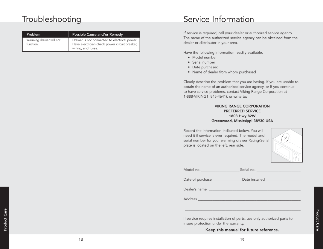 Viking VEWDO536 Troubleshooting, Service Information, Keep this manual for future reference, Problem, Product Care 