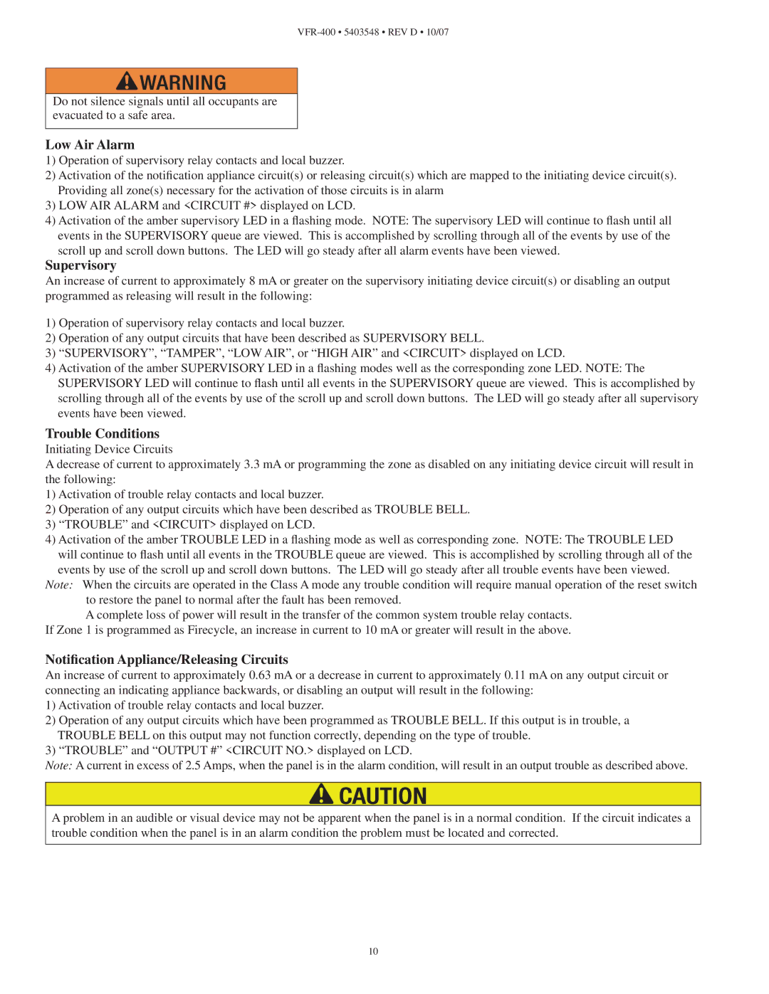 Viking VFR-400 instruction manual Low Air Alarm, Supervisory, Trouble Conditions, Notiﬁcation Appliance/Releasing Circuits 