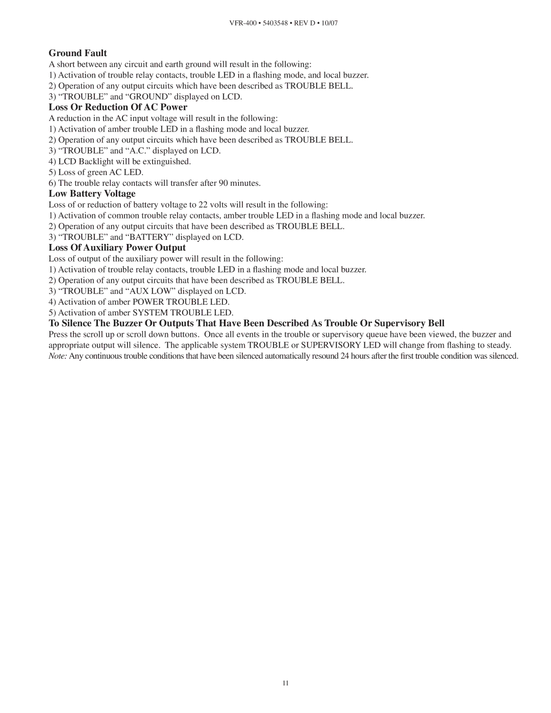 Viking VFR-400 Ground Fault, Loss Or Reduction Of AC Power, Low Battery Voltage, Loss Of Auxiliary Power Output 