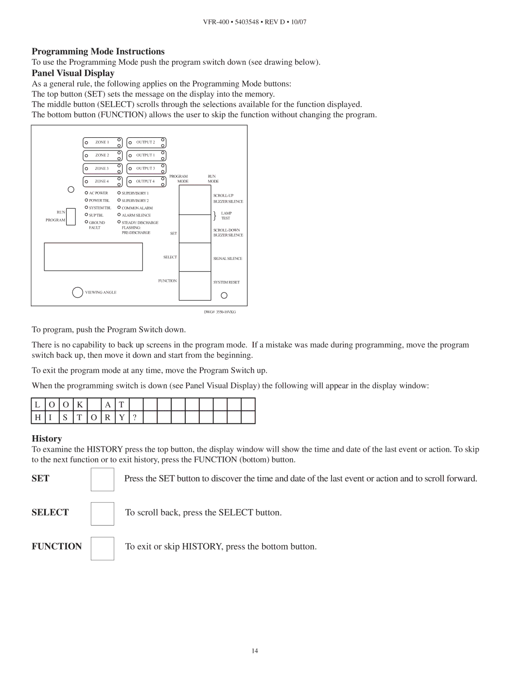 Viking VFR-400 instruction manual Programming Mode Instructions, Panel Visual Display, History 