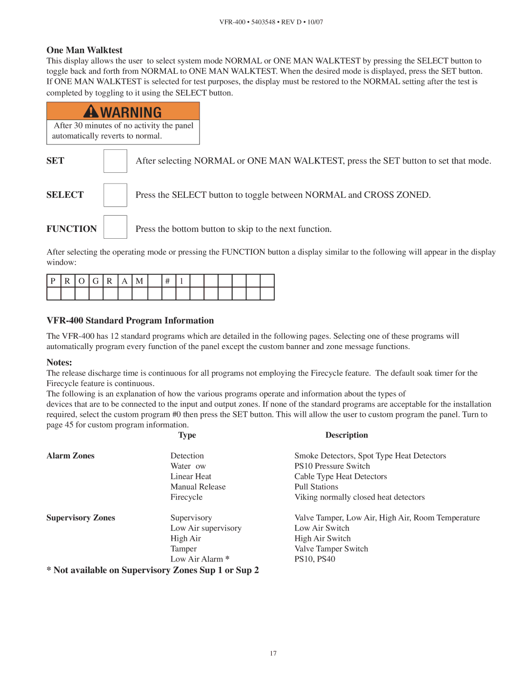 Viking One Man Walktest, VFR-400 Standard Program Information, Not available on Supervisory Zones Sup 1 or Sup 