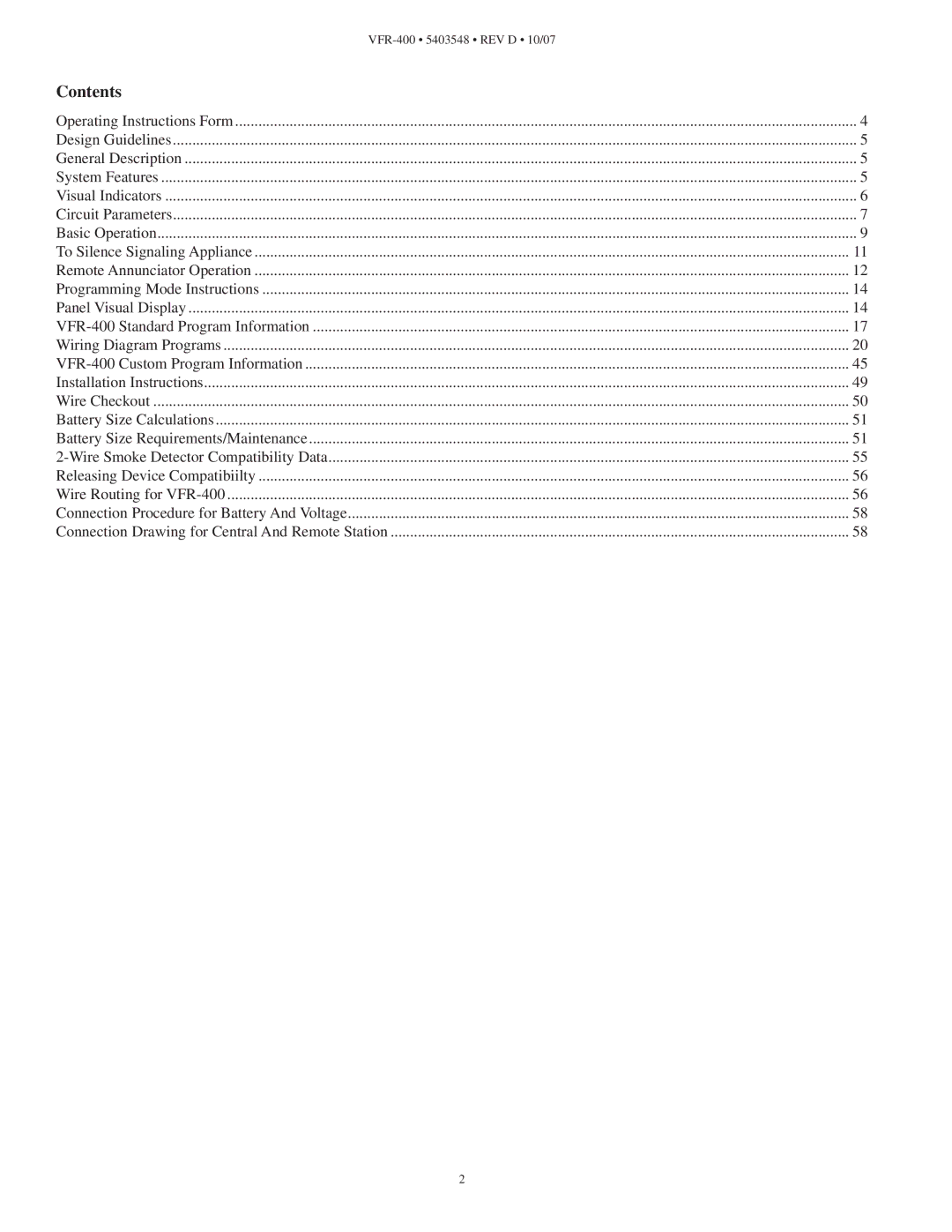 Viking VFR-400 instruction manual Contents 