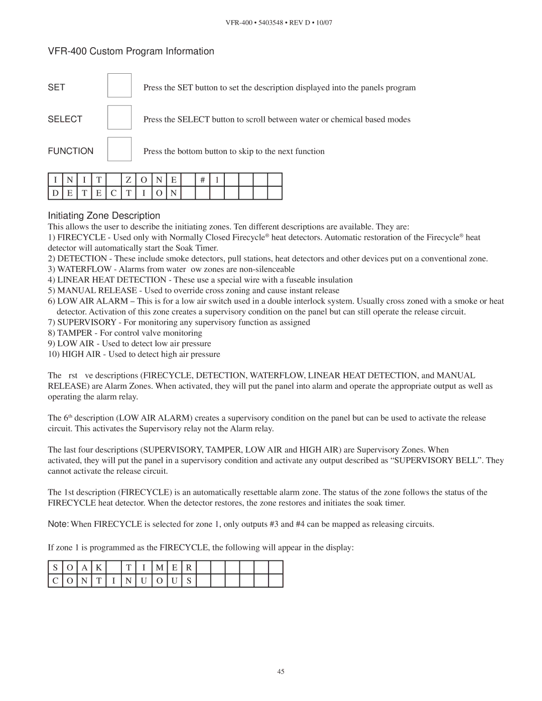 Viking instruction manual VFR-400 Custom Program Information, Initiating Zone Description, SET Select Function 