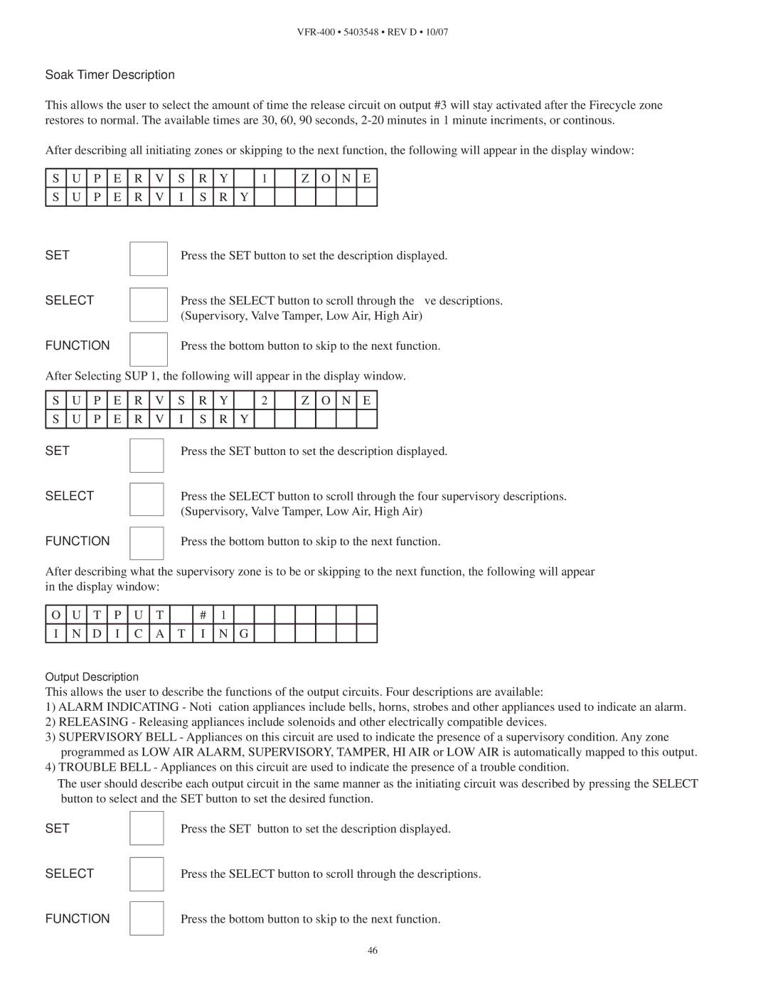 Viking VFR-400 instruction manual Soak Timer Description 