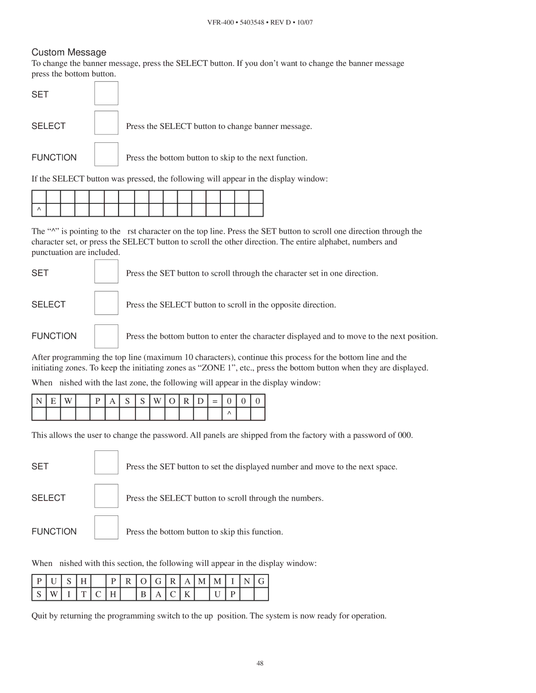 Viking VFR-400 instruction manual Custom Message 