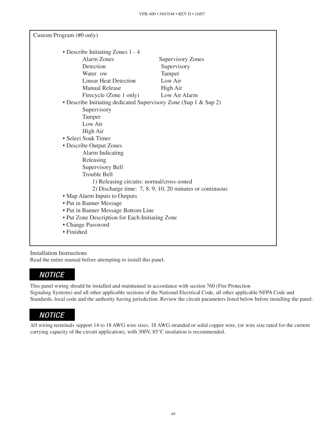 Viking VFR-400 instruction manual Alarm Zones Supervisory Zones, Installation Instructions 