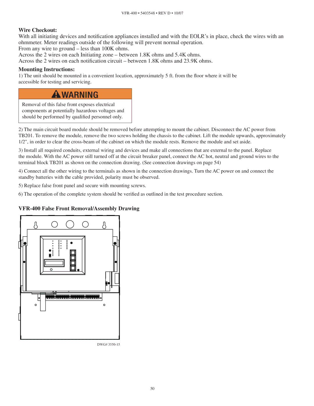 Viking instruction manual Wire Checkout, Mounting Instructions, VFR-400 False Front Removal/Assembly Drawing 