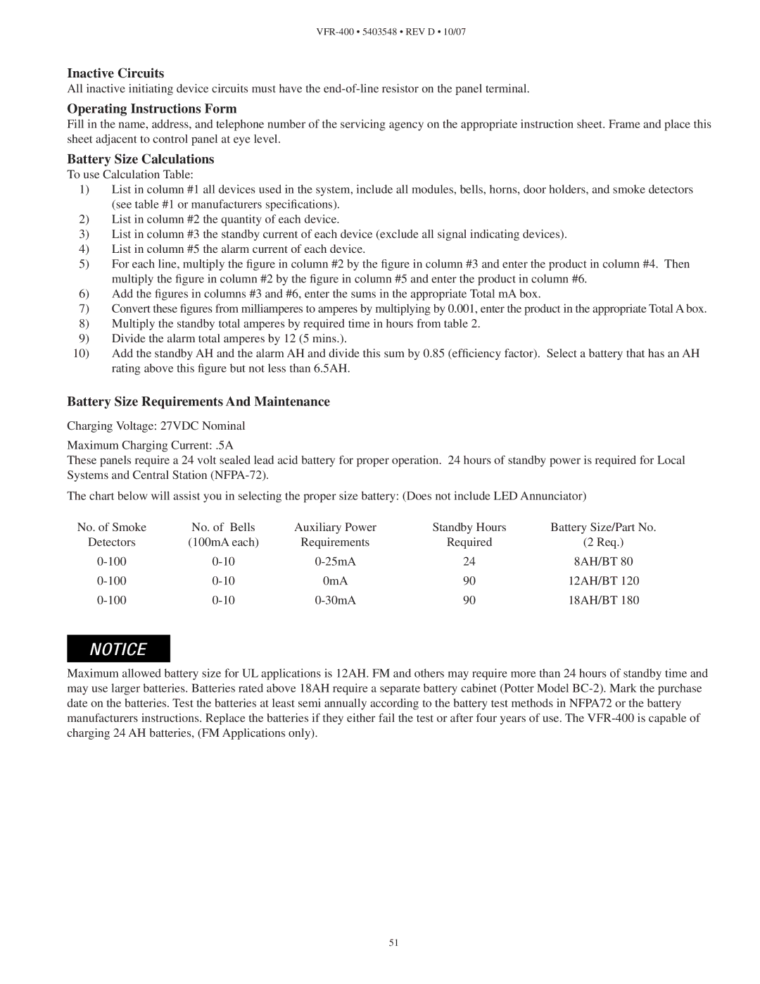 Viking VFR-400 instruction manual Inactive Circuits, Battery Size Calculations, Battery Size Requirements And Maintenance 