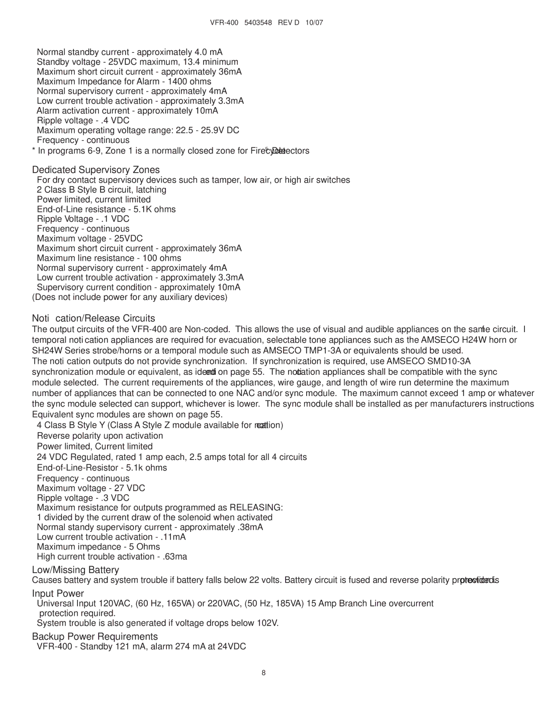 Viking VFR-400 Dedicated Supervisory Zones, Notiﬁcation/Release Circuits, Low/Missing Battery, Input Power 