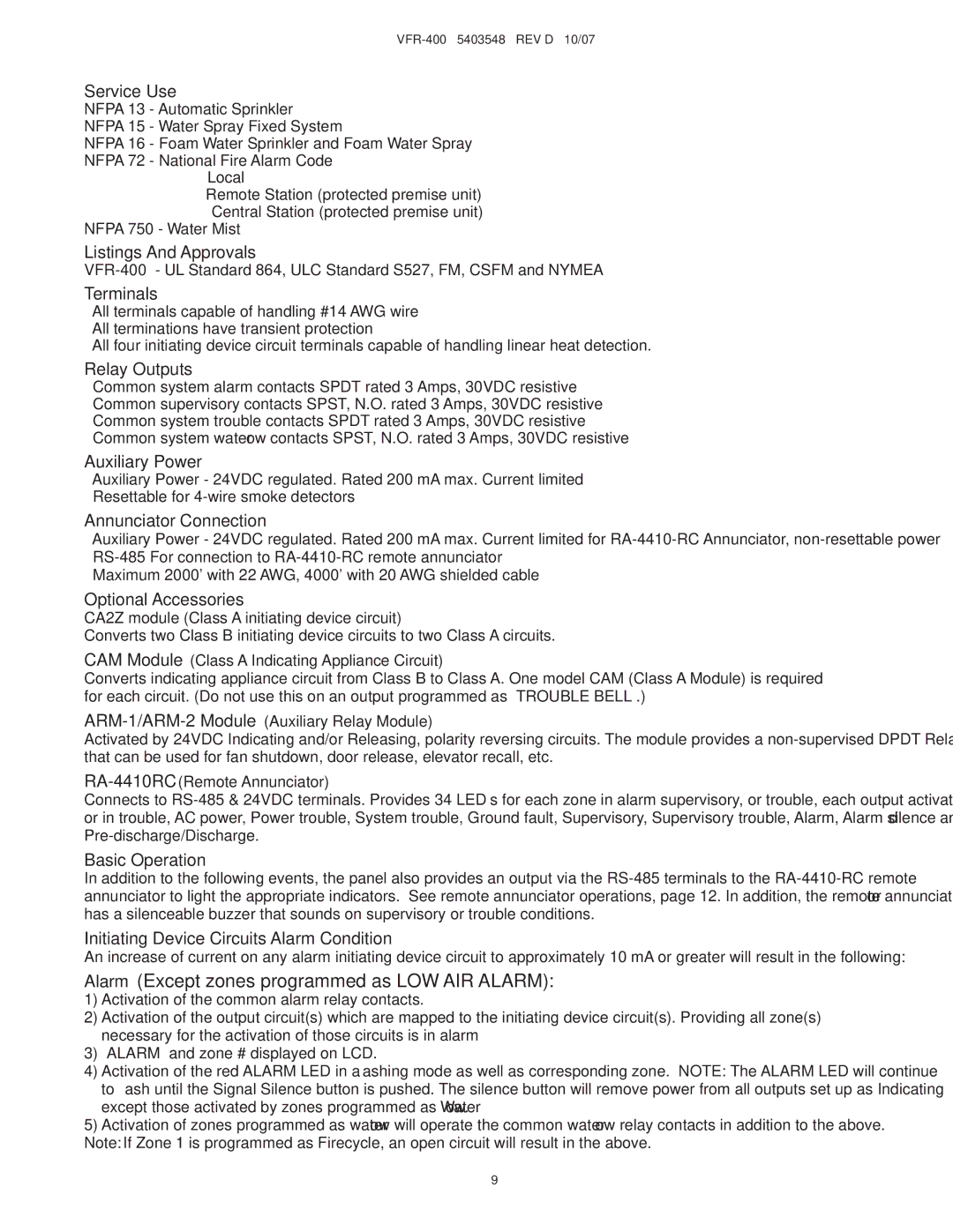 Viking VFR-400 Service Use, Listings And Approvals, Terminals, Relay Outputs, Auxiliary Power, Annunciator Connection 