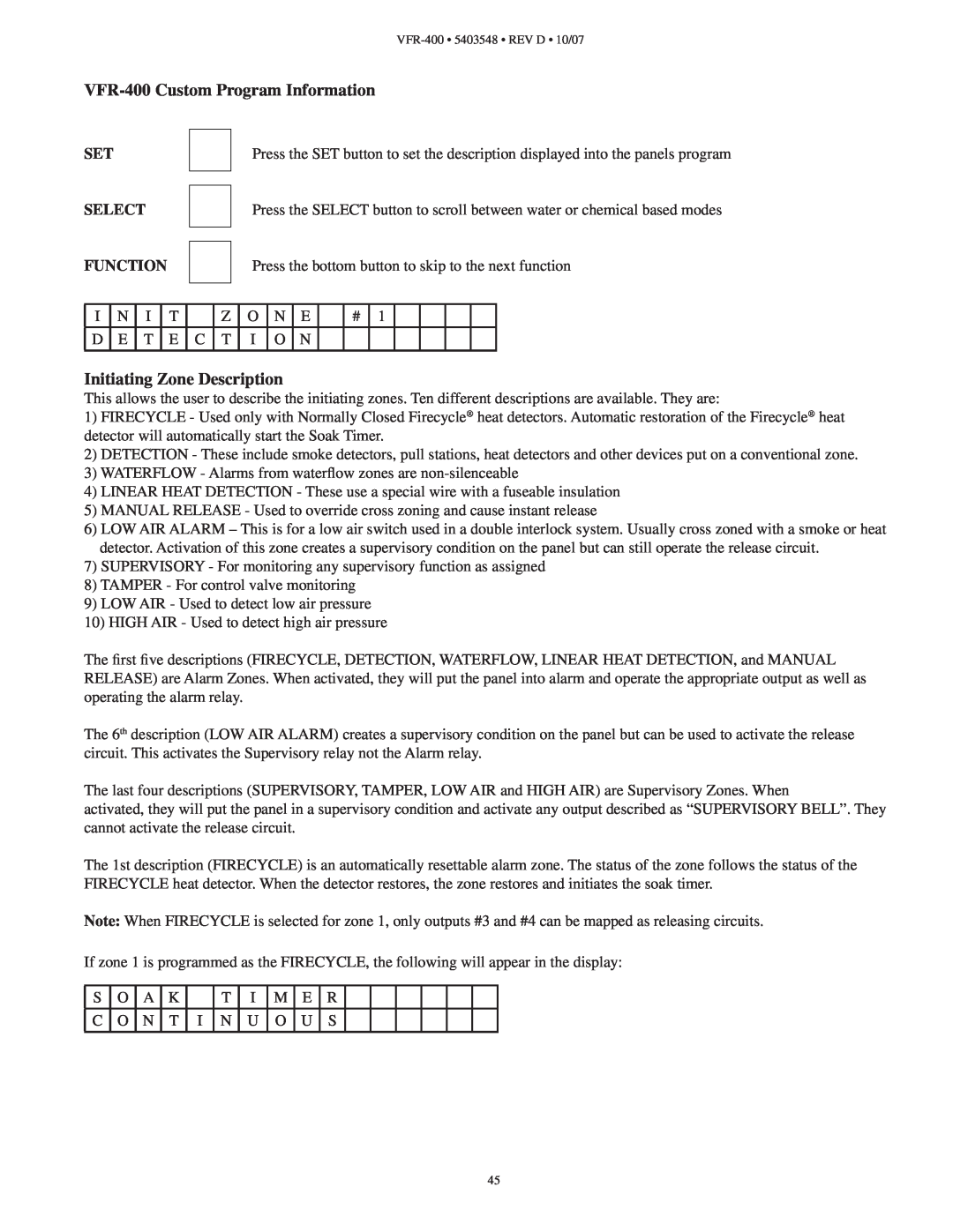 Viking instruction manual VFR-400Custom Program Information, Initiating Zone Description, Set Select Function 