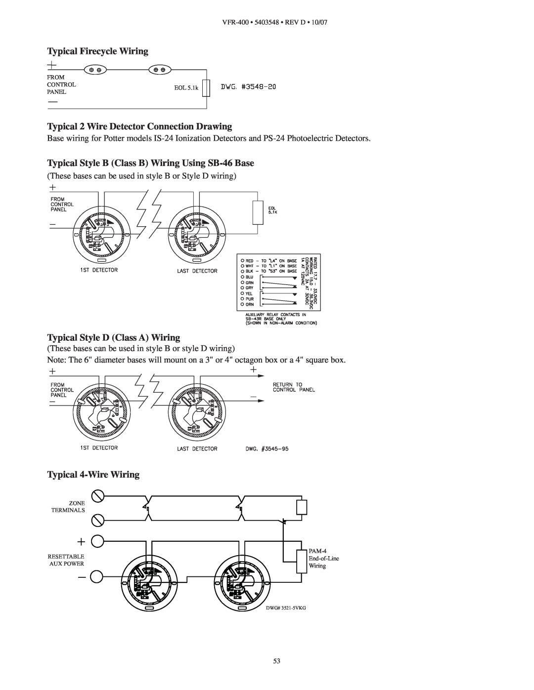Viking VFR-400 Typical Firecycle Wiring, Typical 2 Wire Detector Connection Drawing, Typical Style D Class A Wiring 