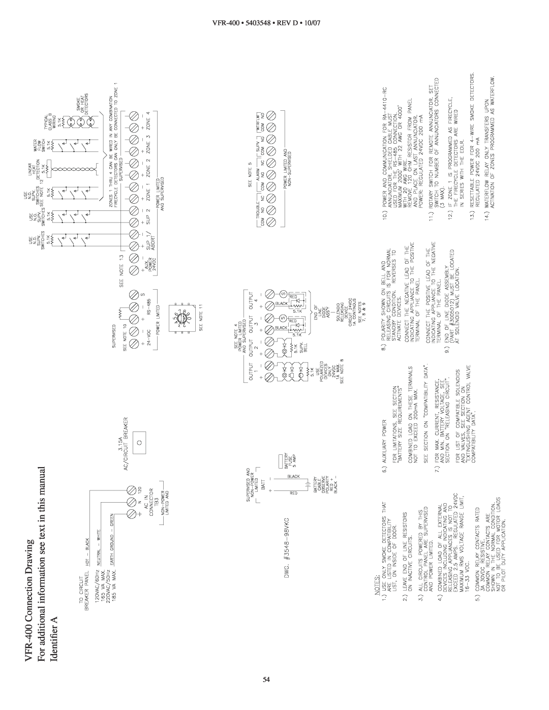 Viking instruction manual Identiﬁer A, VFR-400• 5403548 • REV D • 10/07, VFR-400Connection Drawing 