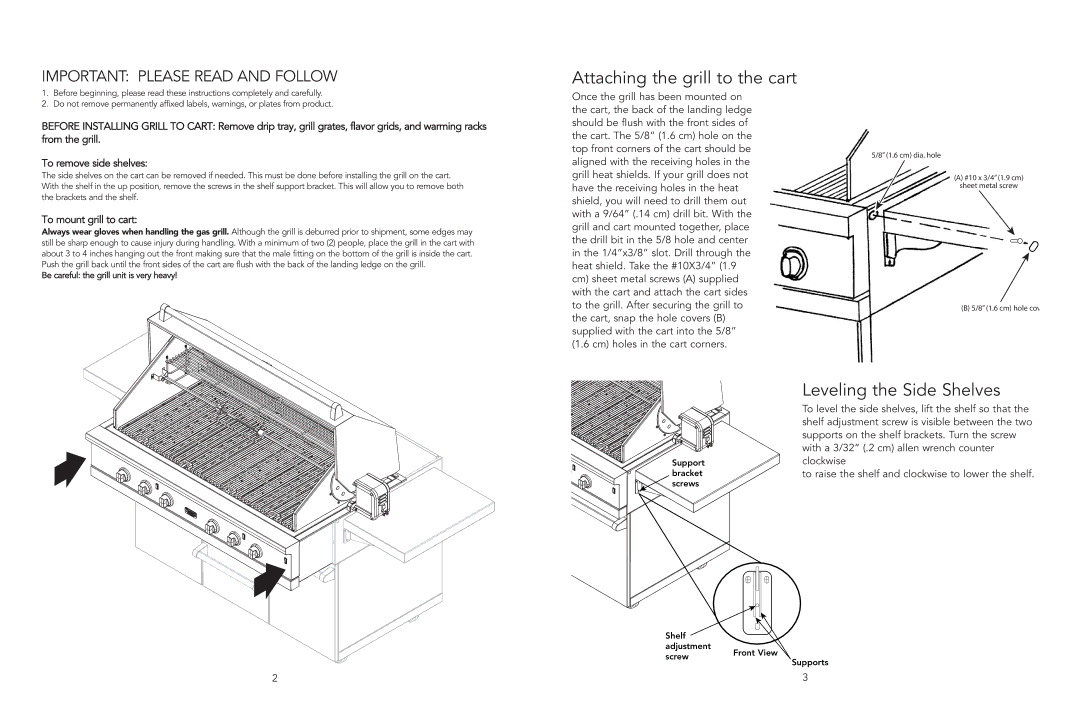 Viking VGBQ manual Attaching the grill to the cart, Leveling the Side Shelves, To mount grill to cart 