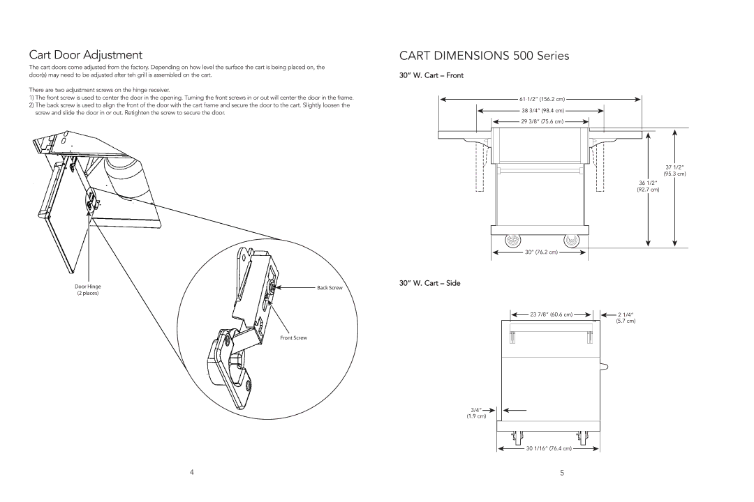 Viking VGBQ manual Cart Door Adjustment, Cart Dimensions 500 Series, 30 W. Cart Front, 30 W. Cart Side 