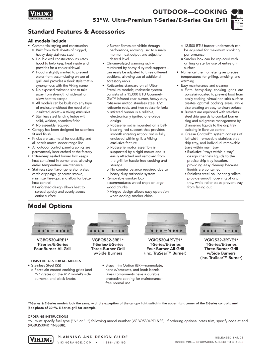 Viking VGBQ manual Standard Features & Accessories, Model Options, All models include 