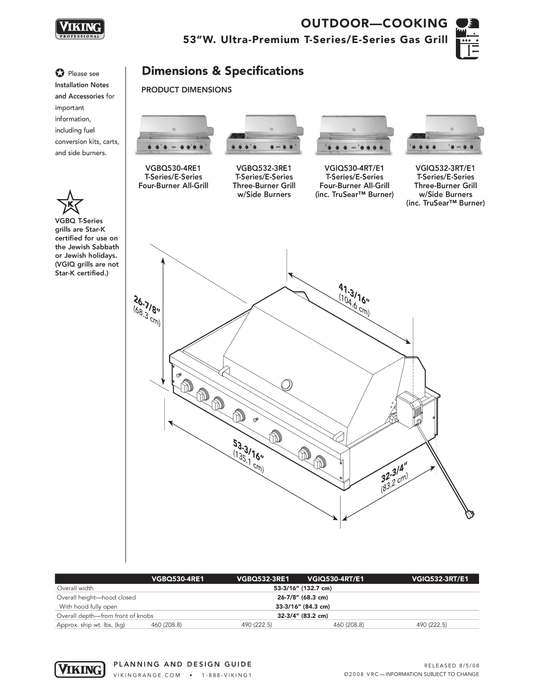 Viking manual Dimensions & Specifications, Product Dimensions, VGBQ530-4RE1 VGBQ532-3RE1 VGIQ530-4RT/E1 VGIQ532-3RT/E1 