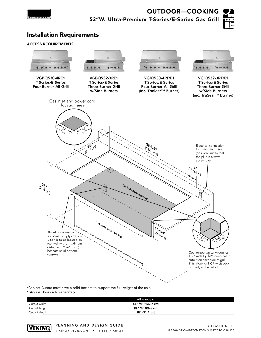 Viking VGBQ manual Installation Requirements, All models 