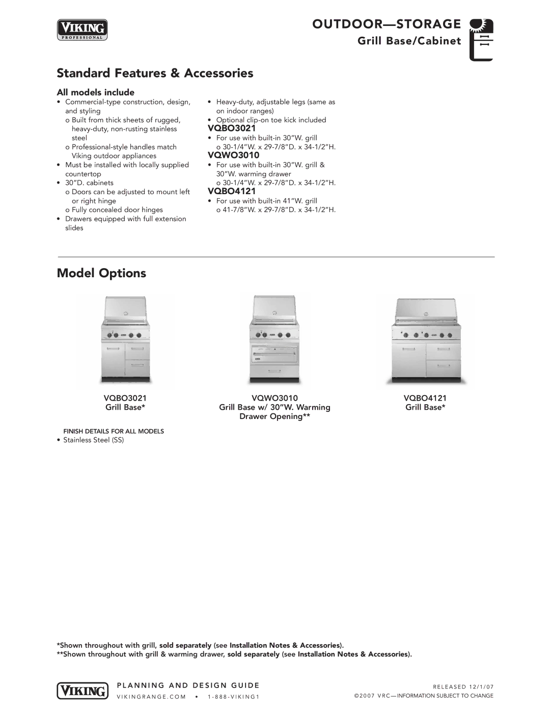 Viking VGBQ3002T1NSS manual VQBO3021, VQWO3010, VQBO4121 