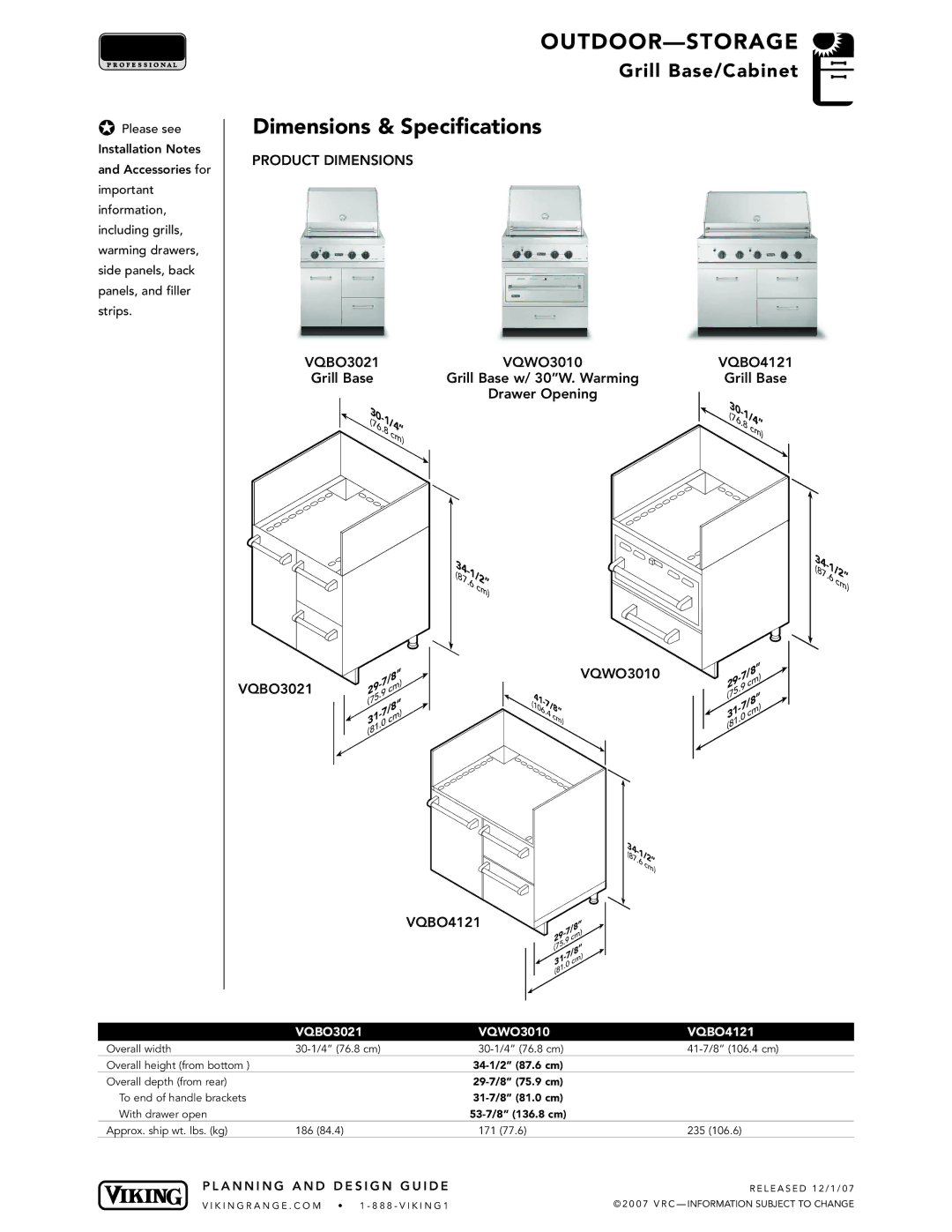 Viking VGBQ3002T1NSS manual VQBO3021 VQWO3010 VQBO4121, Grill Base w/ 30W. Warming Drawer Opening 