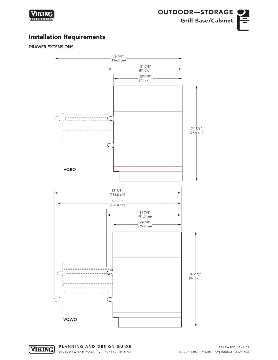 Viking VGBQ3002T1NSS manual Drawer Extensions, Vqbo, Vqwo 