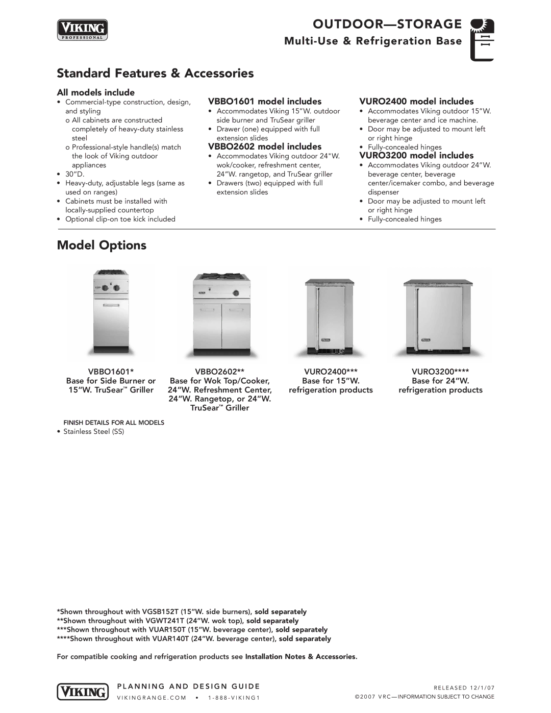 Viking VGBQ3002T1NSS manual VBBO2602 model includes, VURO3200 model includes 