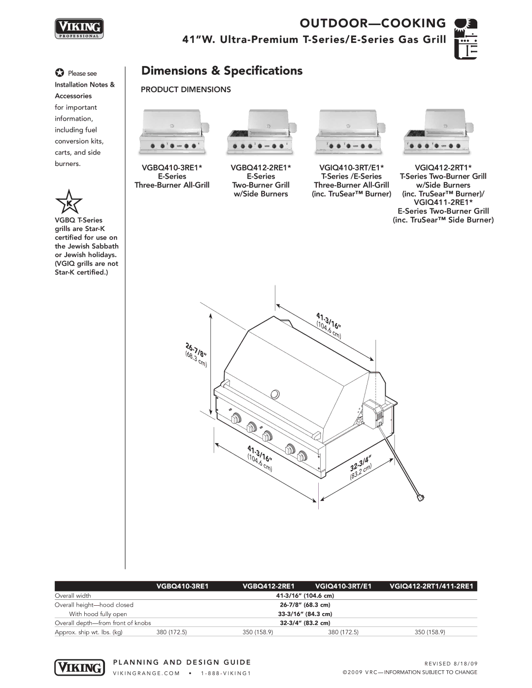 Viking VGBQ3002T1NSS manual VGIQ410-3RT/E1 VGIQ412-2RT1, Three-Burner All-Grill 