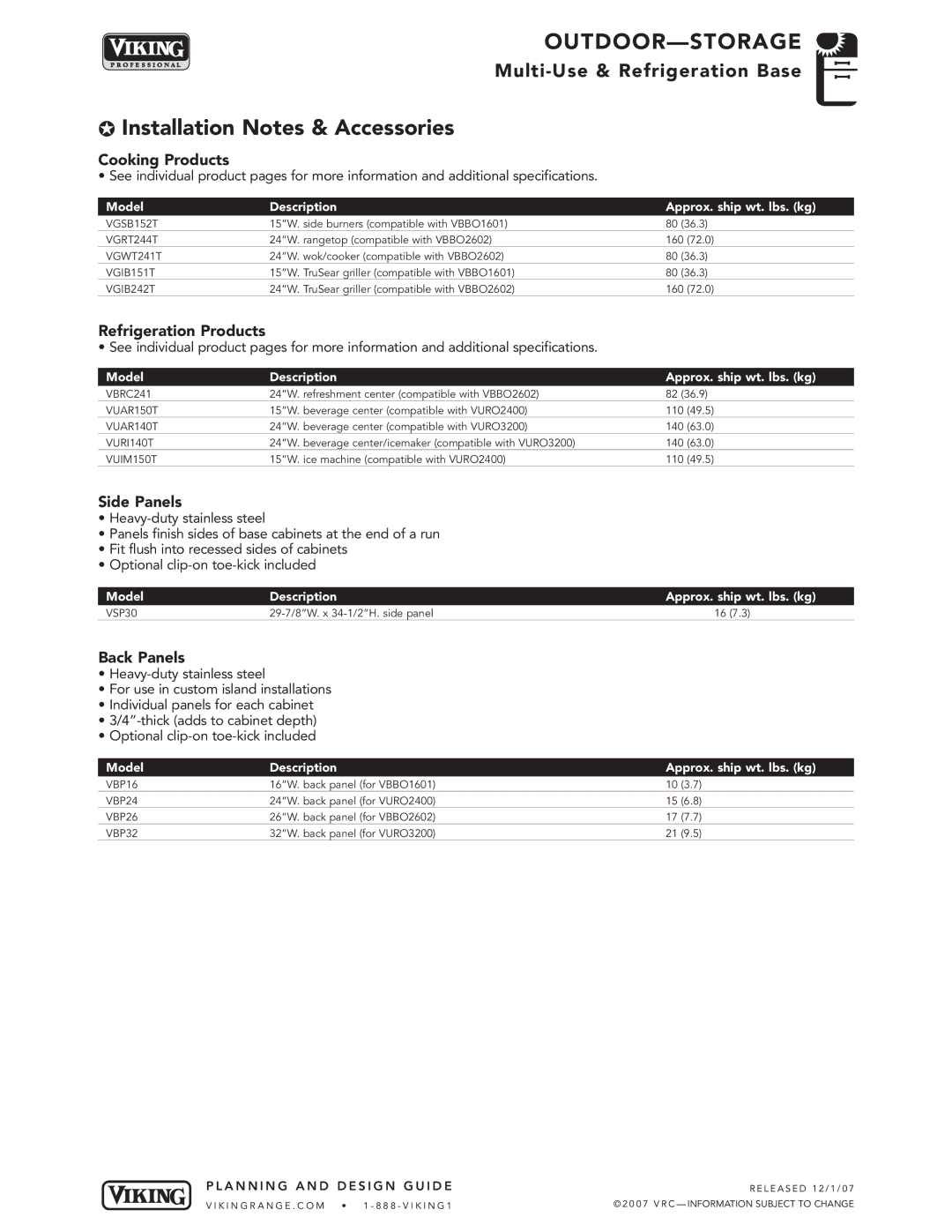 Viking VGBQ3002T1NSS manual Cooking Products, Refrigeration Products 