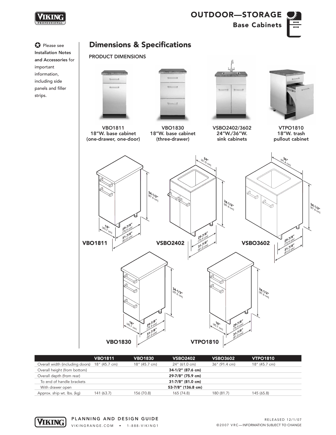 Viking VGBQ3002T1NSS manual VBO1830 VTPO1810, VBO1811 VBO1830 VSBO2402 VSBO3602 VTPO1810 