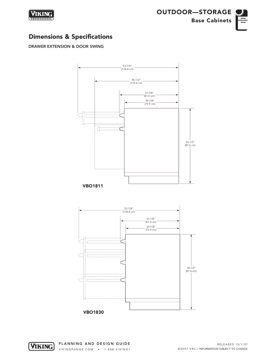 Viking VGBQ3002T1NSS manual VBO1830, Drawer Extension & Door Swing 