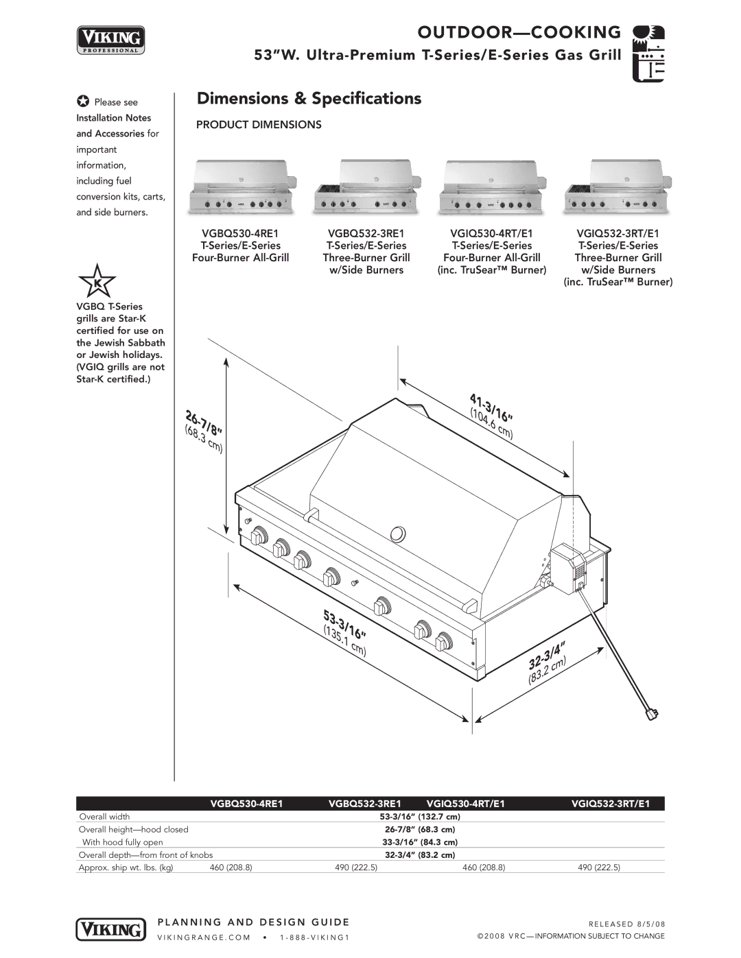 Viking VGBQ3002T1NSS manual Four-Burner All-Grill, VGBQ530-4RE1 VGBQ532-3RE1 VGIQ530-4RT/E1 VGIQ532-3RT/E1 