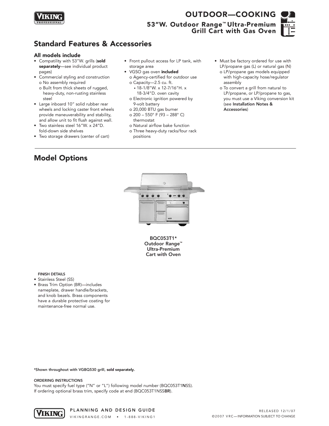 Viking VGBQ3002T1NSS manual All models include, BQC053T1 Outdoor Range Ultra-Premium Cart with Oven 