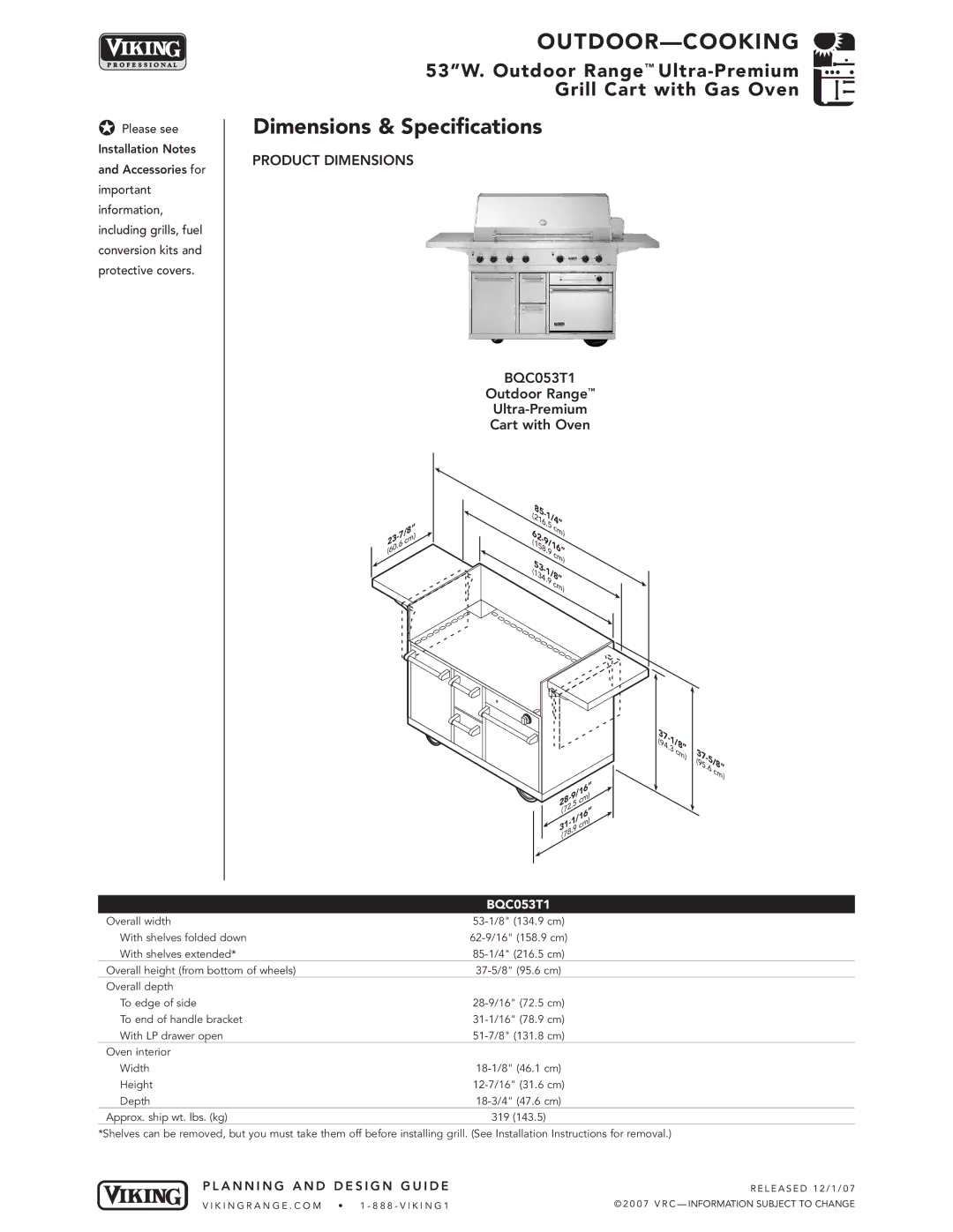 Viking VGBQ3002T1NSS manual Product Dimensions, BQC053T1 