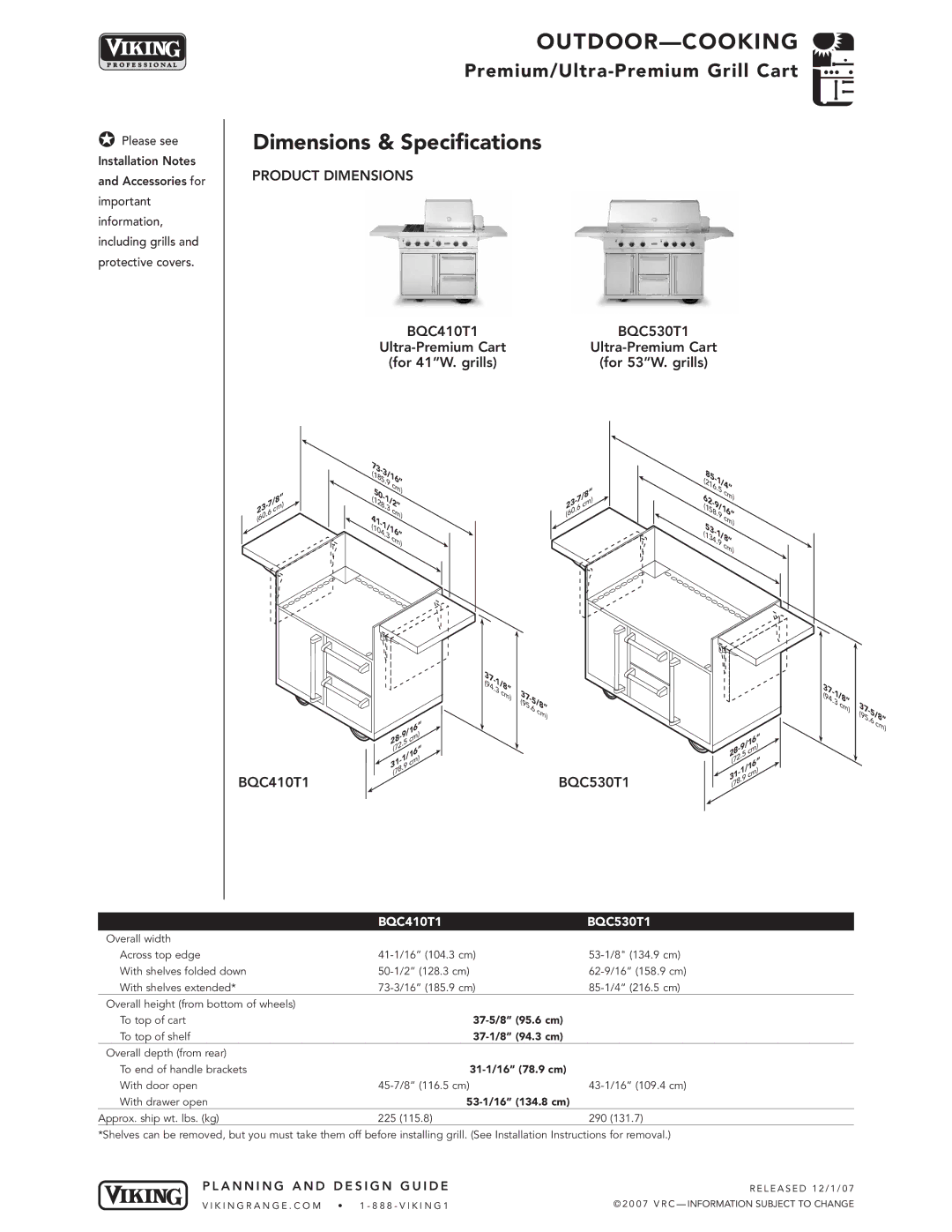 Viking VGBQ3002T1NSS manual BQC410T1 BQC530T1, 53-1/16 134.8 cm 