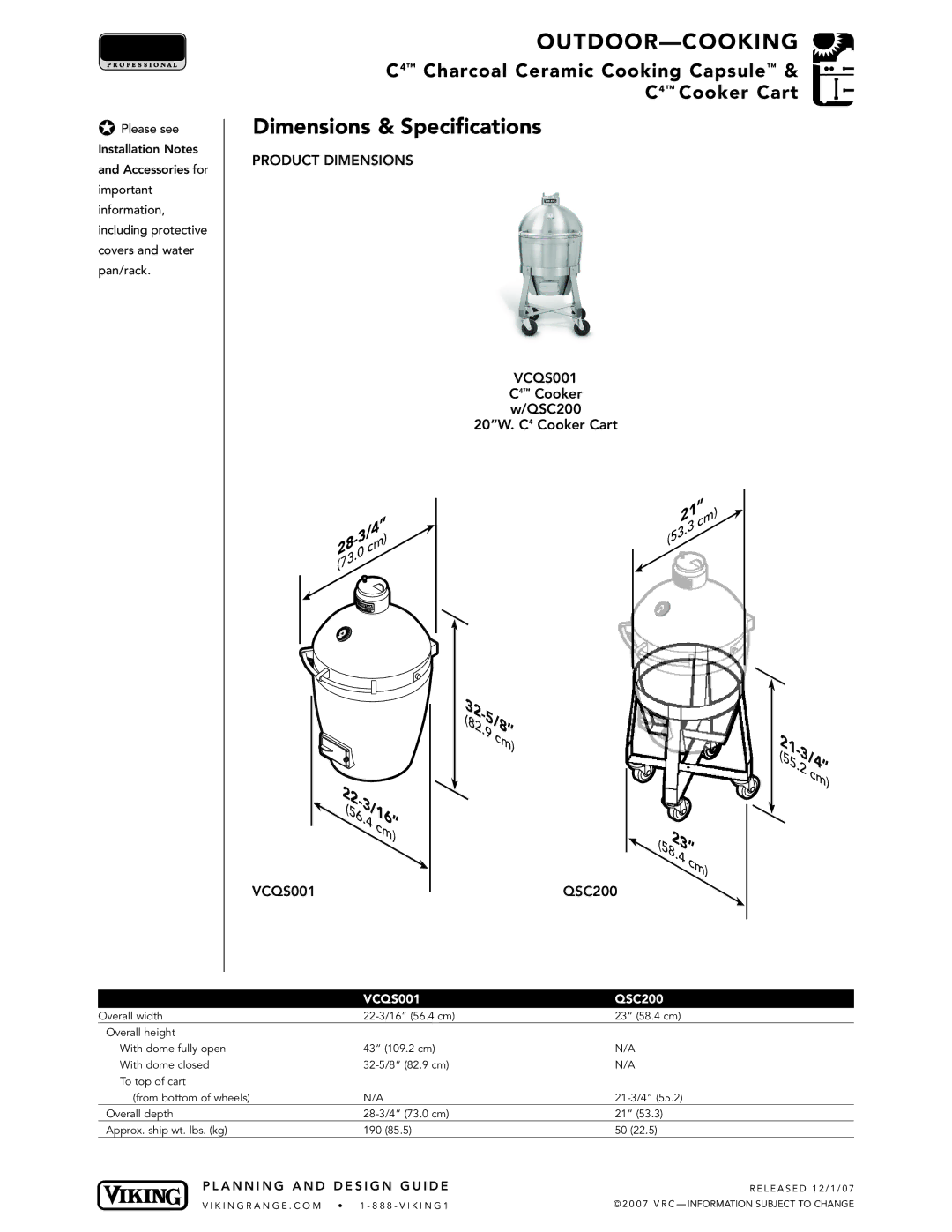 Viking VGBQ3002T1NSS manual Product Dimensions VCQS001, C4 Cooker QSC200 20W. C4 Cooker Cart 