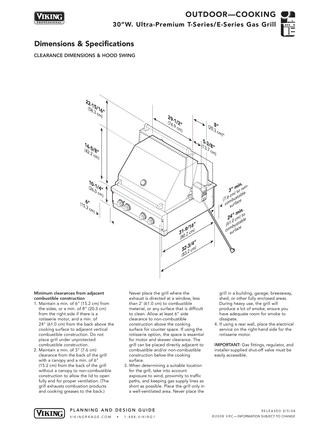 Viking VGBQ3002T1NSS manual Clearance Dimensions & Hood Swing 