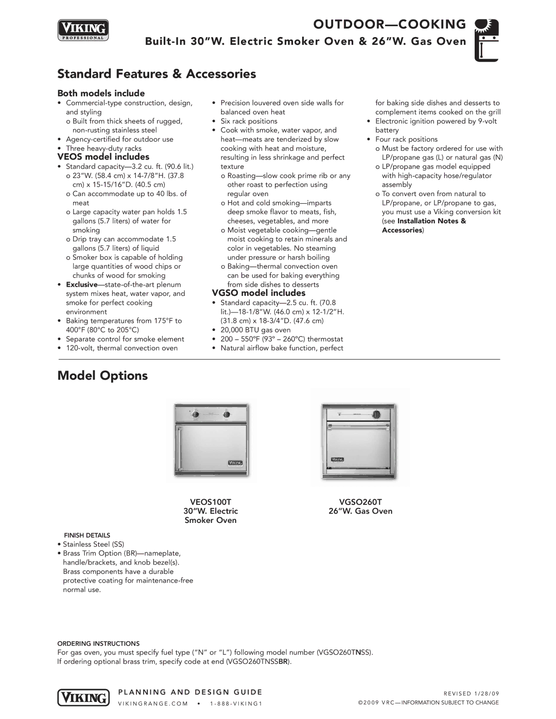 Viking VGBQ3002T1NSS manual Both models include, Veos model includes, Vgso model includes, VEOS100T VGSO260T 