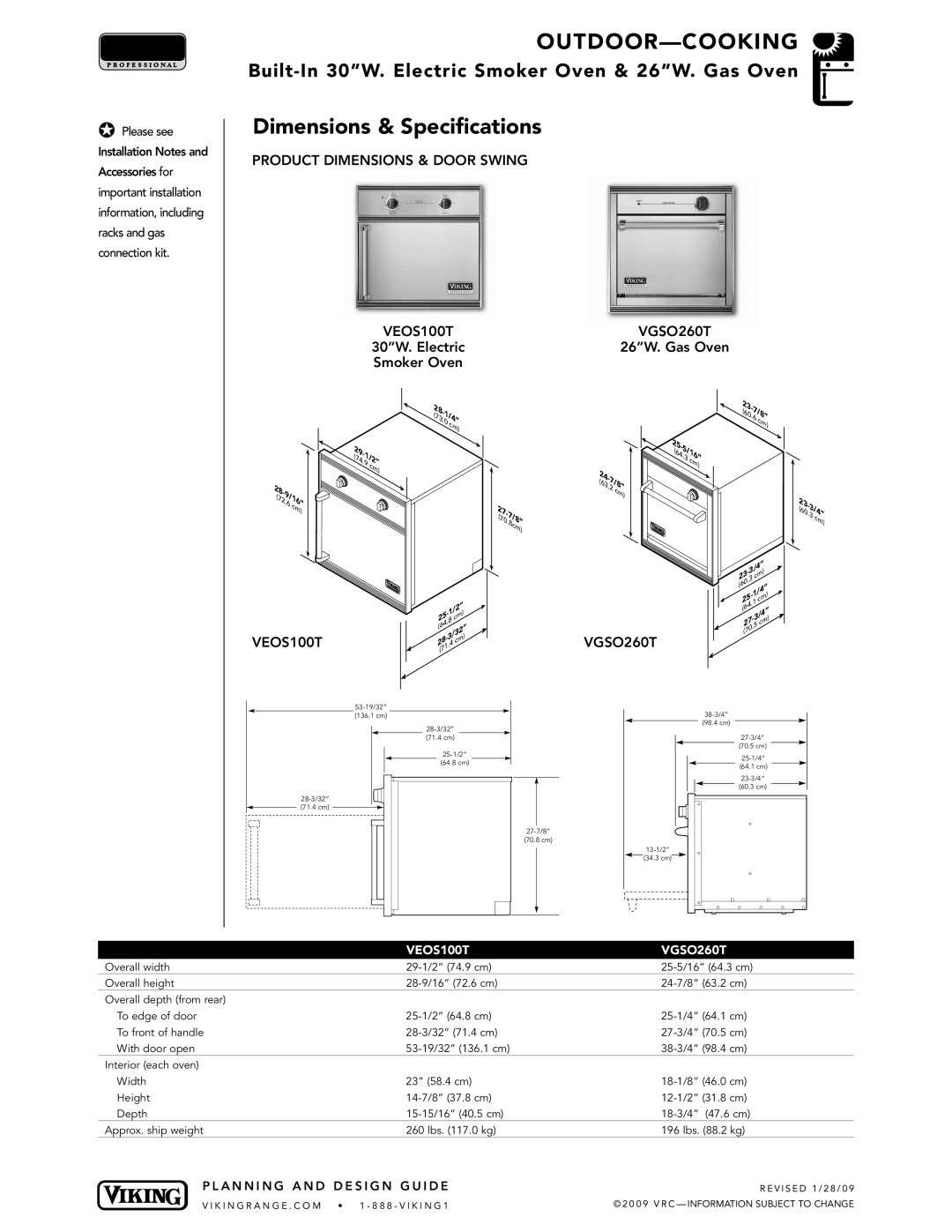 Viking VGBQ3002T1NSS manual Product Dimensions & Door Swing VEOS100T VGSO260T 