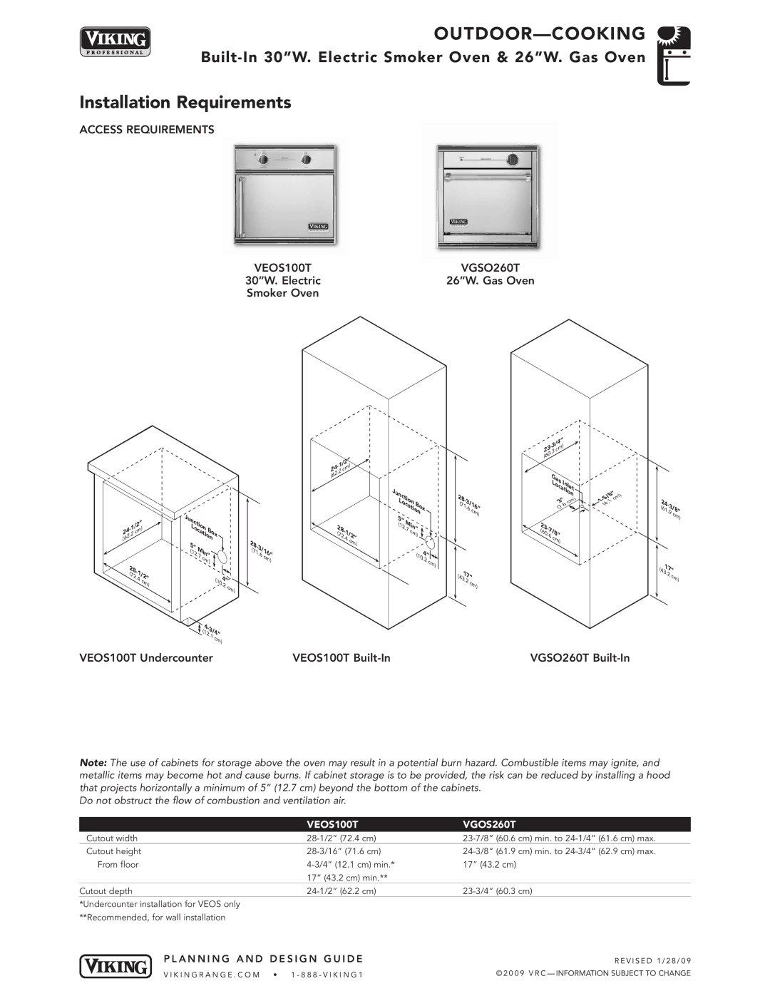 Viking VGBQ3002T1NSS Access Requirements VEOS100T VGSO260T, VEOS100T Undercounter VEOS100T Built-In VGSO260T Built-In 